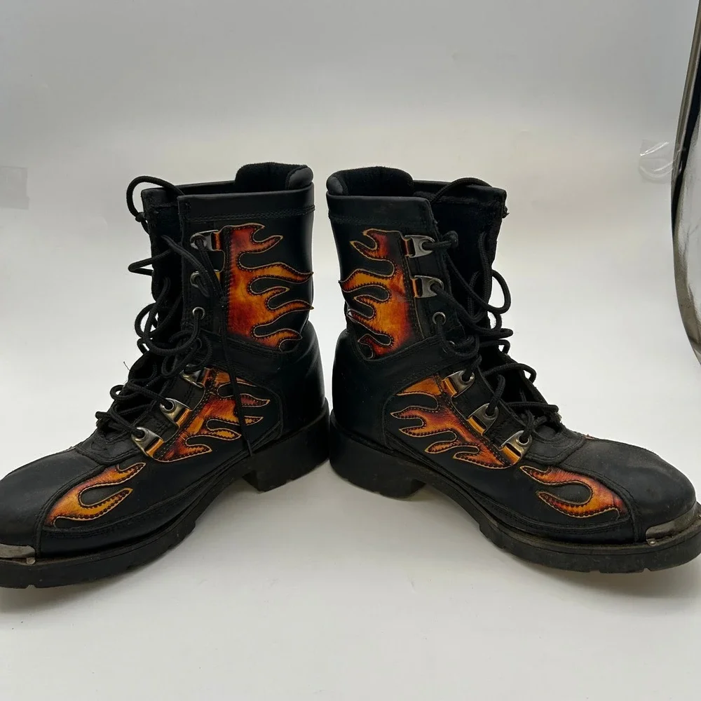 Xelement Motorcycle Boots Men's Black Flames Genuine Leather Lace Up - 10.5